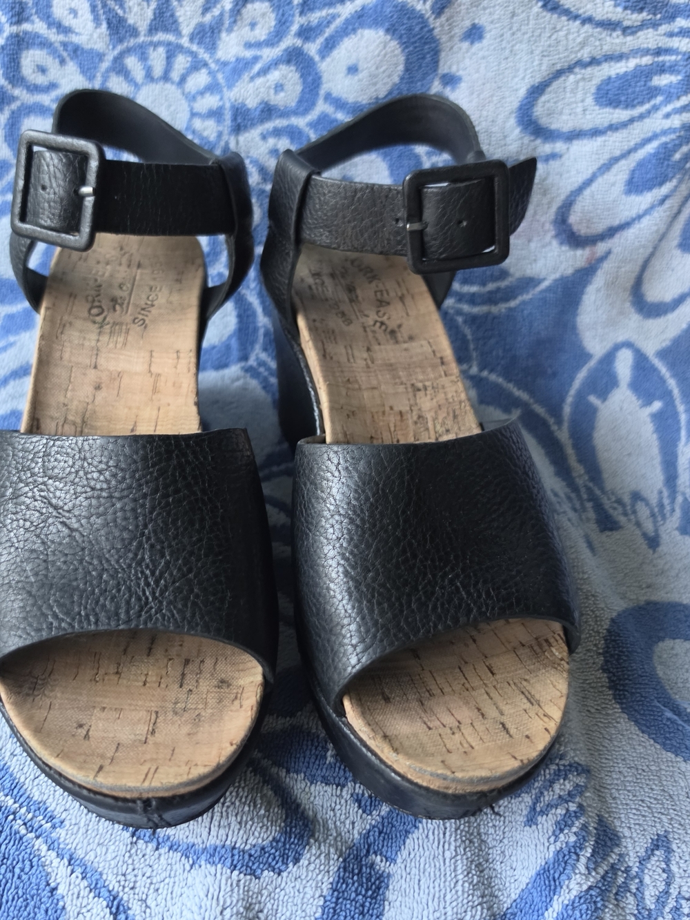 Women's Black Cork Wedge Sandals - Classic Open-Toe - Picture 5 of 8